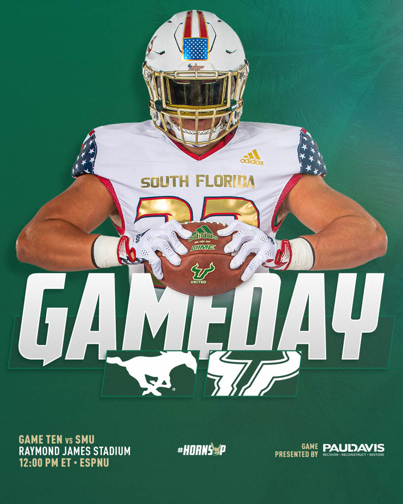 USF vs SMU Football Gameday Flyer with player holding football